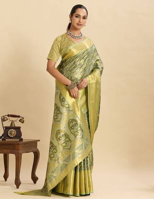 parrot green silk blend printed saree with blouse 4