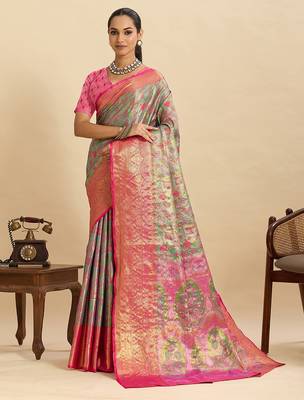 pink silk blend printed saree with blouse 1
