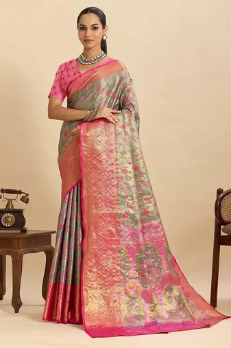 pink silk blend printed saree with blouse