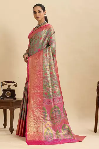 pink silk blend printed saree with blouse