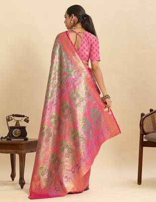 pink silk blend printed saree with blouse 3