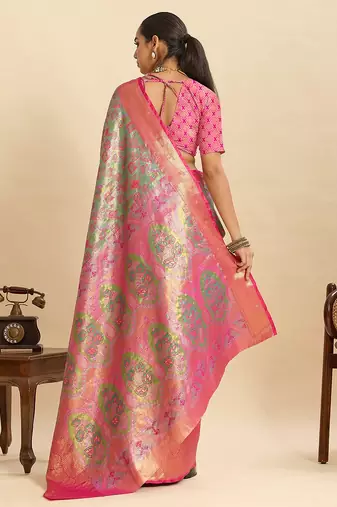 pink silk blend printed saree with blouse
