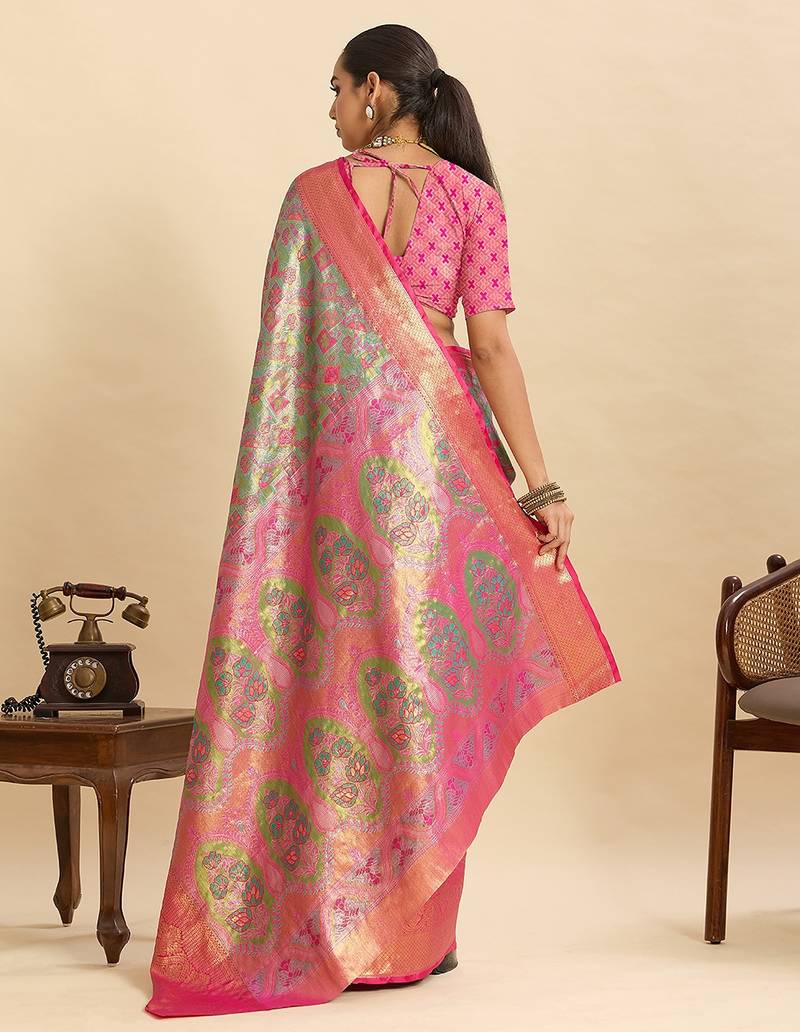 pink silk blend printed saree with blouse
