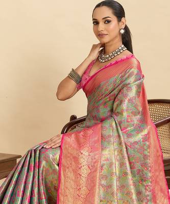 pink silk blend printed saree with blouse 4