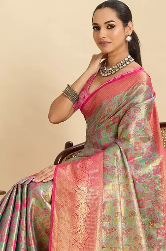 pink silk blend printed saree with blouse