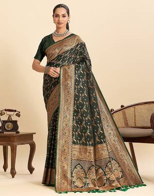 green satin printed saree with blouse 1
