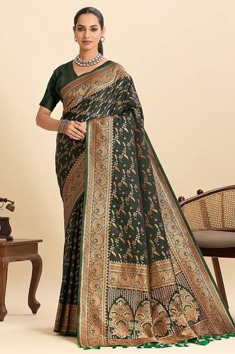 green satin printed saree with blouse