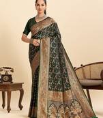 green satin printed saree with blouse