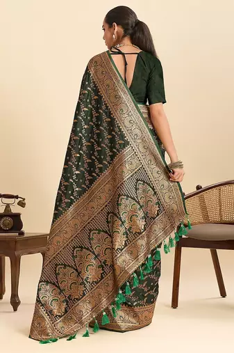 green satin printed saree with blouse