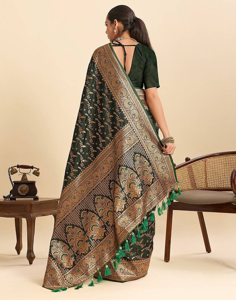 green satin printed saree with blouse
