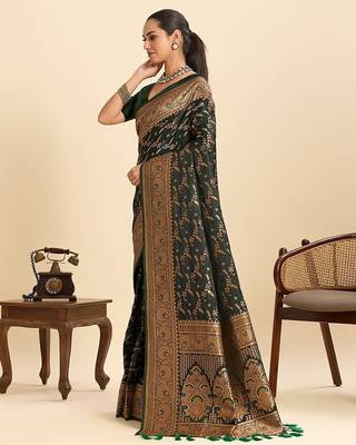 green satin printed saree with blouse 3