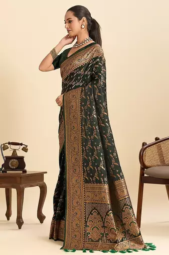 green satin printed saree with blouse