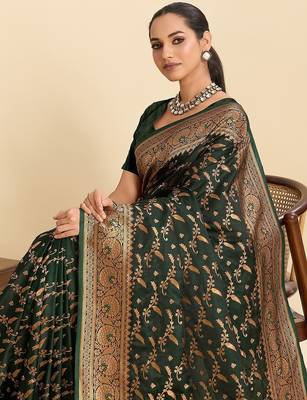 green satin printed saree with blouse 4