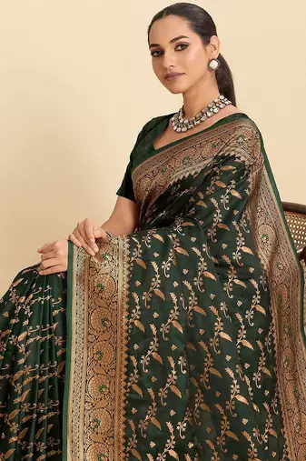 green satin printed saree with blouse