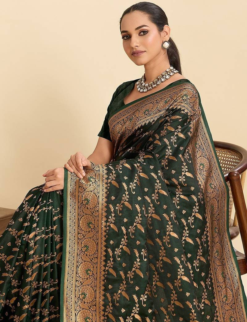 green satin printed saree with blouse