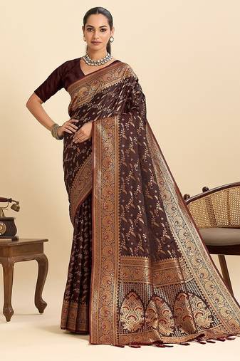 maroon satin printed saree with blouse