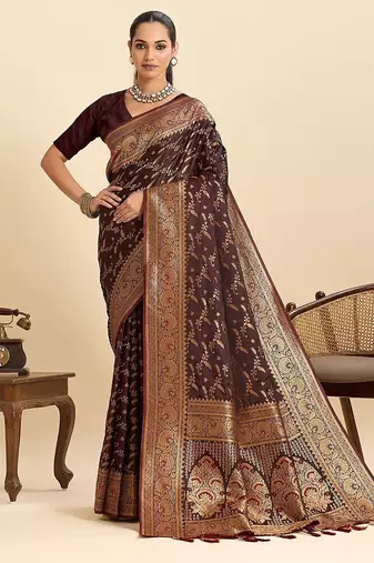 maroon satin printed saree with blouse