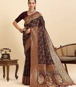 maroon satin printed saree with blouse