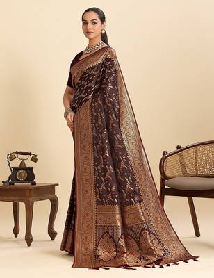 maroon satin printed saree with blouse 2