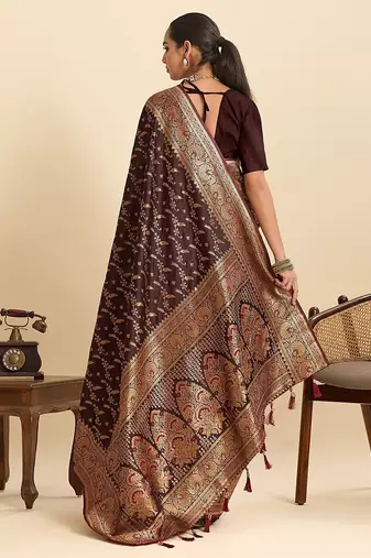 maroon satin printed saree with blouse