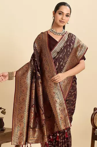 maroon satin printed saree with blouse