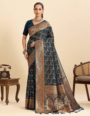 navy blue satin printed saree with blouse 1