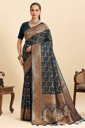 navy blue satin printed saree with blouse