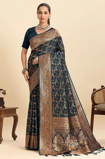 navy blue satin printed saree with blouse
