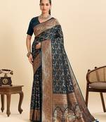 navy blue satin printed saree with blouse