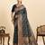 navy blue satin printed saree with blouse