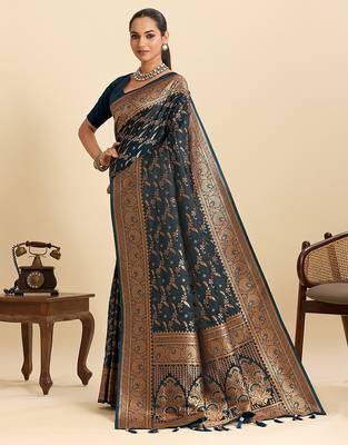 navy blue satin printed saree with blouse 2