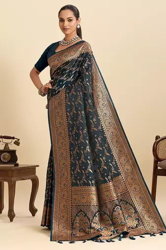 navy blue satin printed saree with blouse