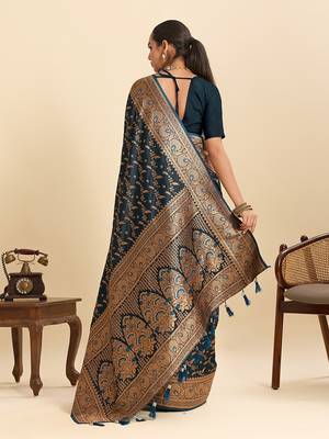 navy blue satin printed saree with blouse 3