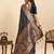 navy blue satin printed saree with blouse