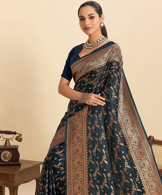 navy blue satin printed saree with blouse 4