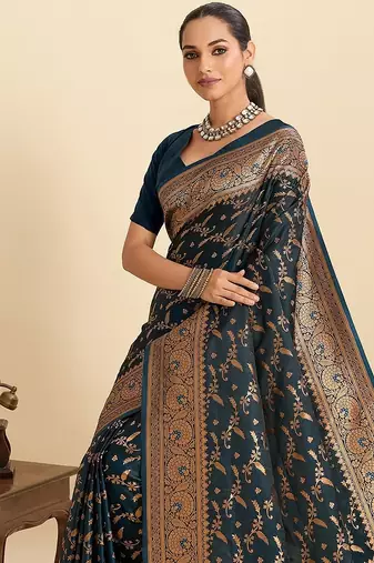 navy blue satin printed saree with blouse