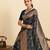navy blue satin printed saree with blouse