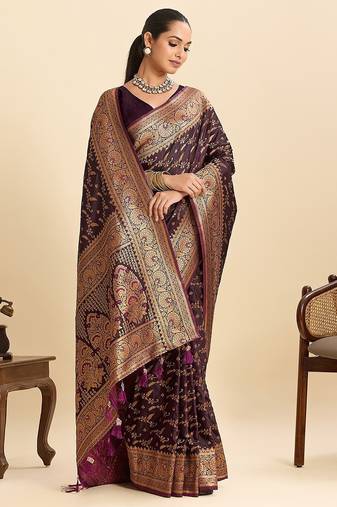 wine satin printed saree with blouse