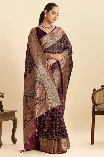 wine satin printed saree with blouse