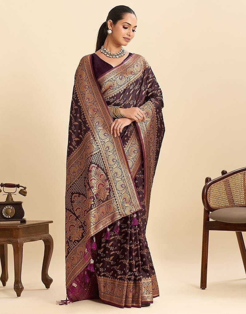 wine satin printed saree with blouse