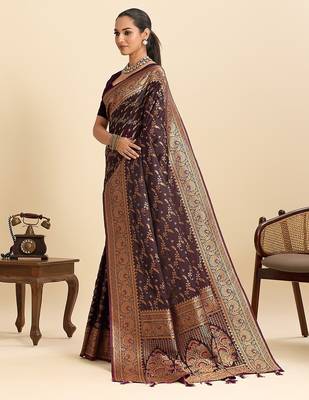 wine satin printed saree with blouse 4
