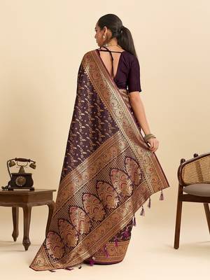 wine satin printed saree with blouse 5