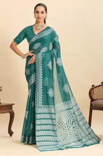 green art silk printed saree with blouse