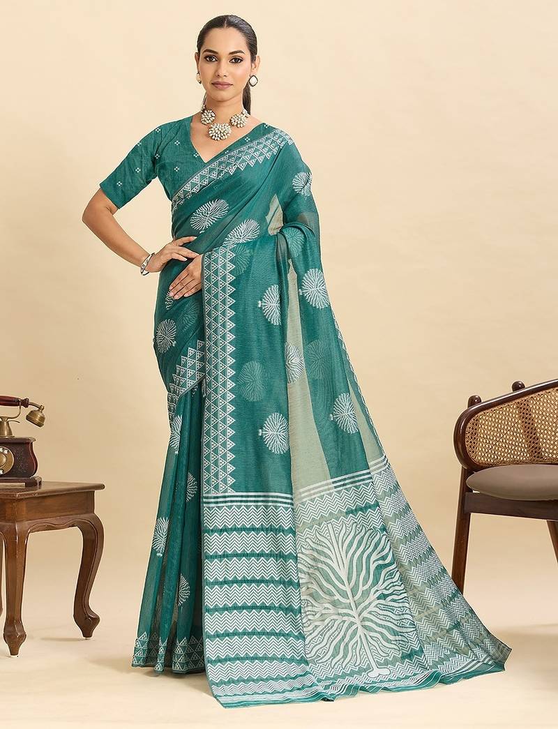 green art silk printed saree with blouse