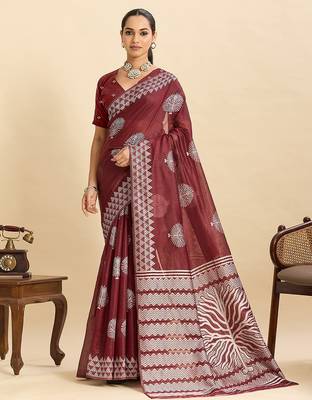 maroon art silk printed saree with blouse 1