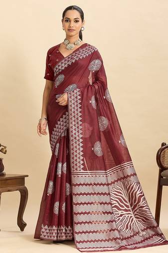 maroon art silk printed saree with blouse