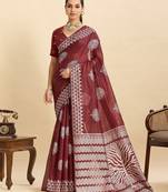 maroon art silk printed saree with blouse