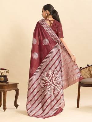 maroon art silk printed saree with blouse 2