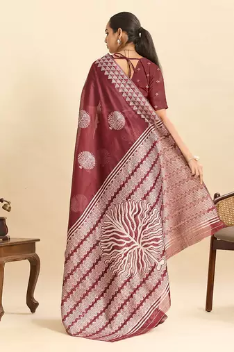 maroon art silk printed saree with blouse
