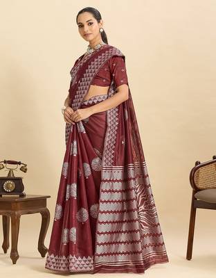 maroon art silk printed saree with blouse 3